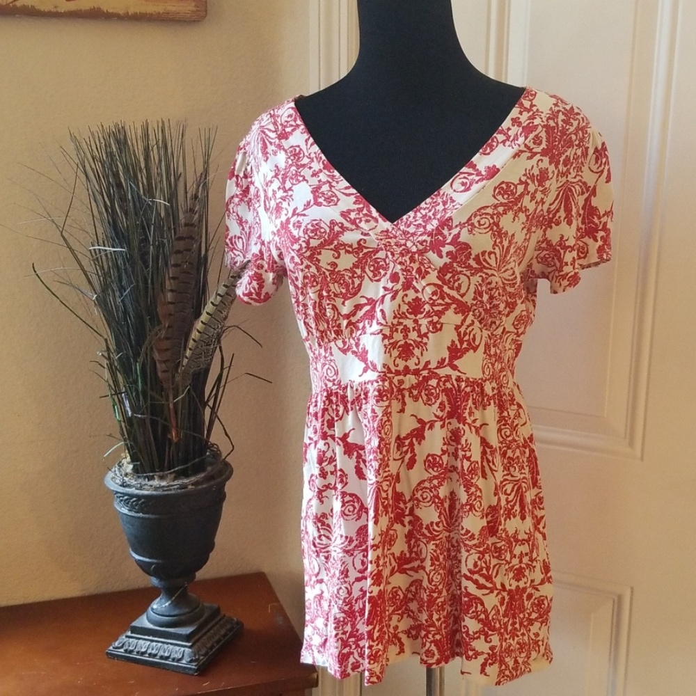 EUC red/white damask top M Petite Style & Co